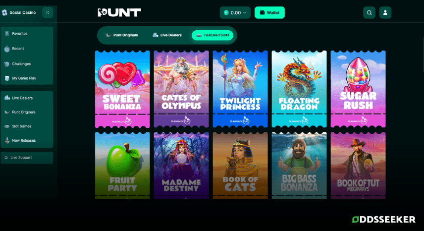 A screenshot of the desktop casino games library page for Punt.com Review